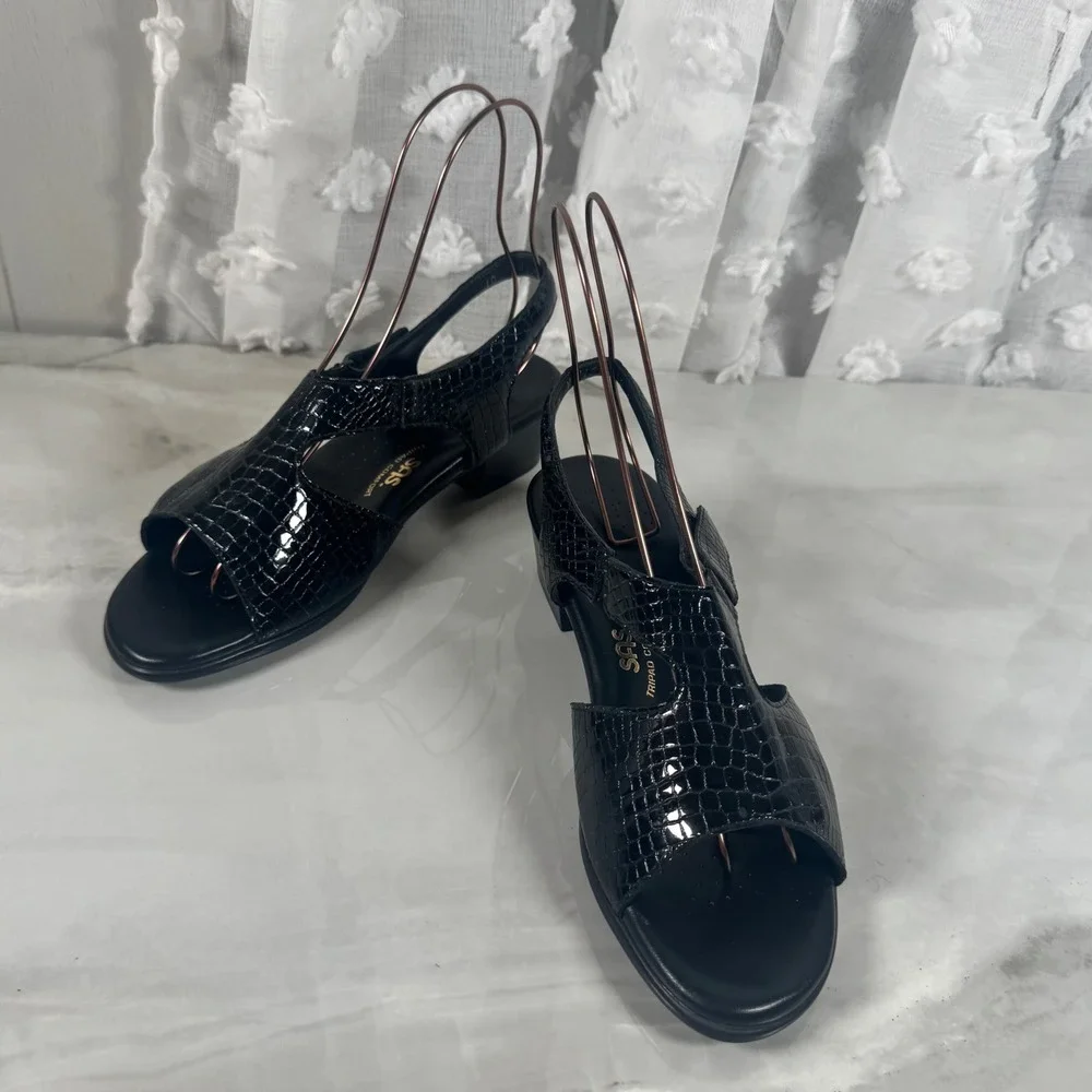 SAS Black Croc Embossed Patent Leather Sandals‎ Slingback Heels Made in USA 10 M